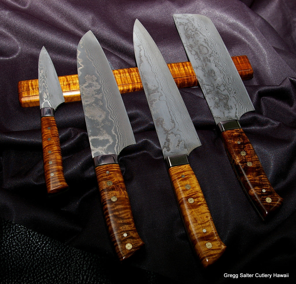 Custom order chef knife set with blades by Saji Handles and wall rack by Salter Fine Cutlery