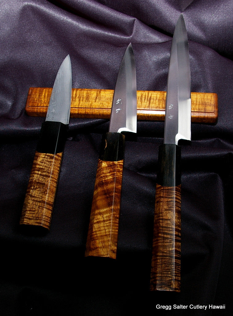 3-piece mini utility and sashimi knife set with handcrafted Hawaiian koa wood handles and magnetic wall rack by Salter Fine Cutlery