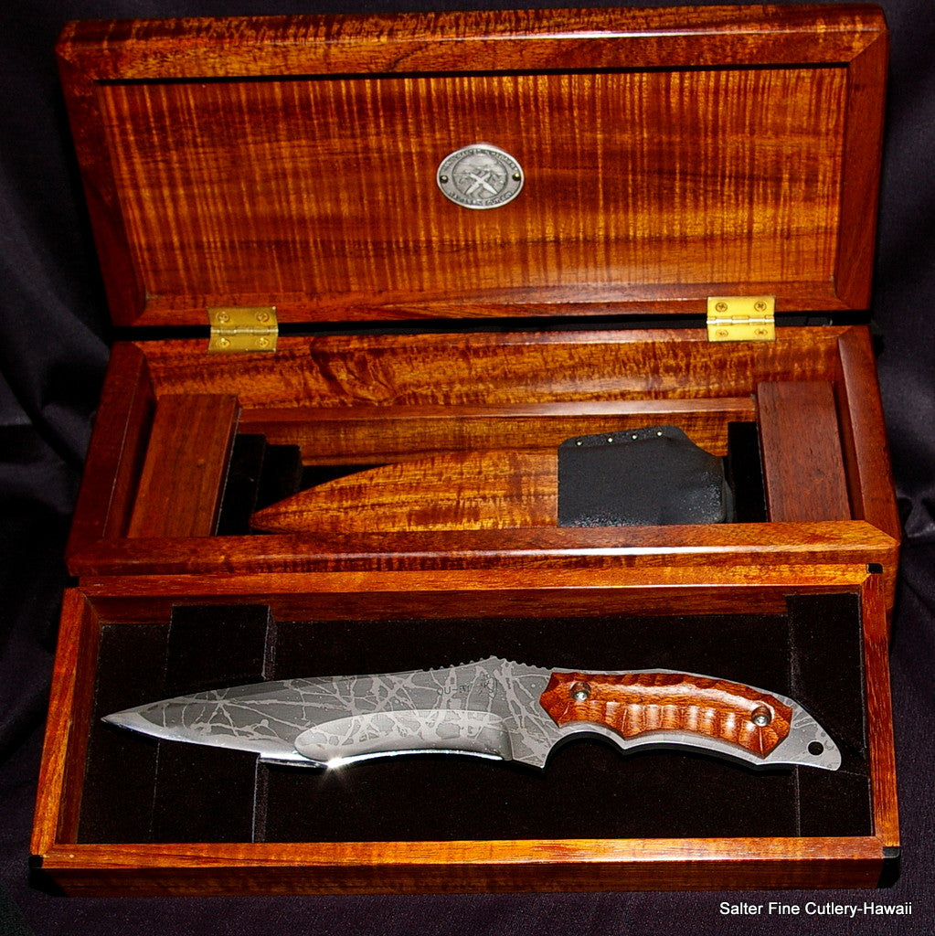 The Horsa Seax Collectible Tactical knife with handcrafted 2 tier presentation box by Gregg Salter and Kiku Matsuda collaboration