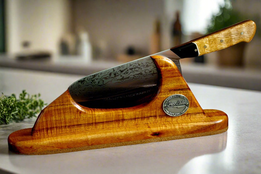 Handmade Hawaiian wave design knife stand and custom made knife  by SalterFineCutlery