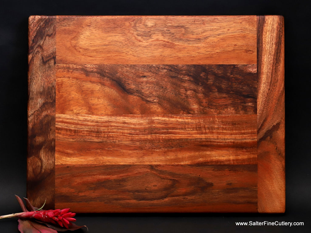 Serving board Hawaiian curly koa wood 18x14x1 inch internally joined handcrafted by Salter  Fine Cutlery and Woodworking